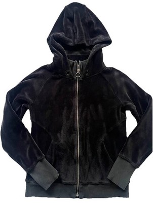 Athleta Thick Black Velour Full Zip Athletic Hooded Jacket Size Small S