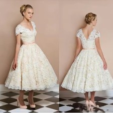 Vintage Wedding Dress Cap Sleeve V Neck Lace Champagne Lining A Line Tea Length