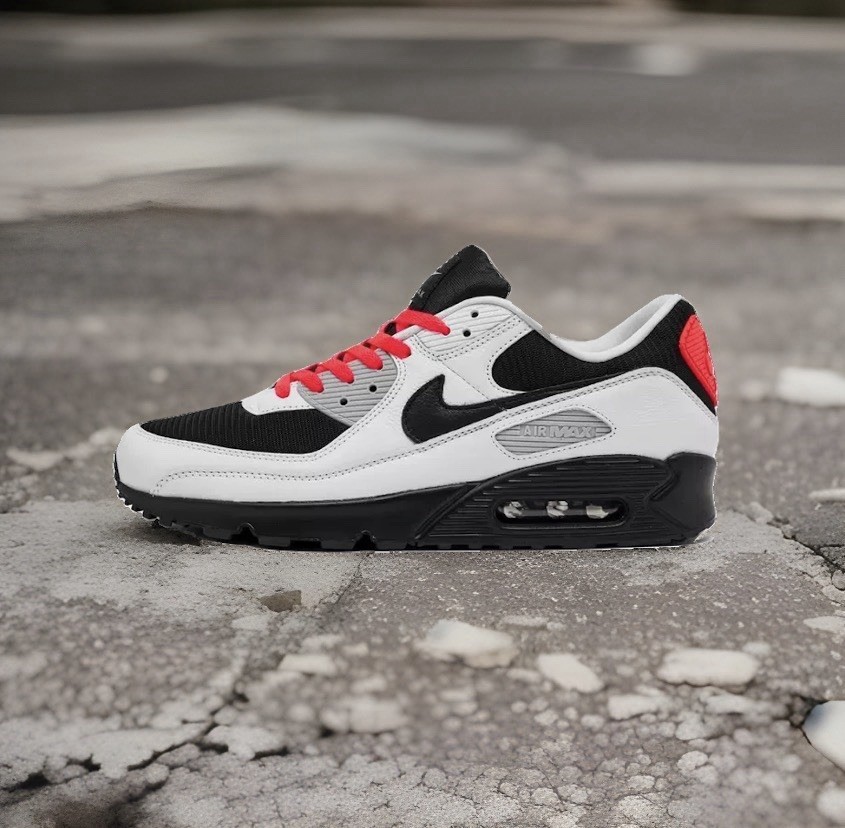 Men’s Nike Air Max 90 Shoe-White/Black/Bright Crimson/Light Smoke Grey — product photo 1 of 7