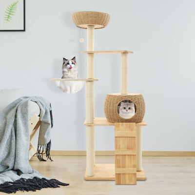 Wood Color Free Standing Oak Cat Climbing Frame Tree With Cat Nest& Cushions