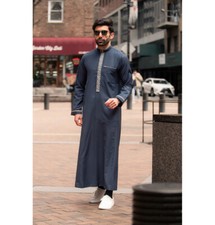 Men's Muslim Full Length Long Sleeve Middle East Islamic Thobe Standout 503 Navy