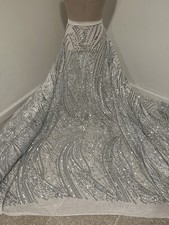 Silver White 4way stretch sequins Embroidery Mesh Lace fabric 50  Width 1 Yard