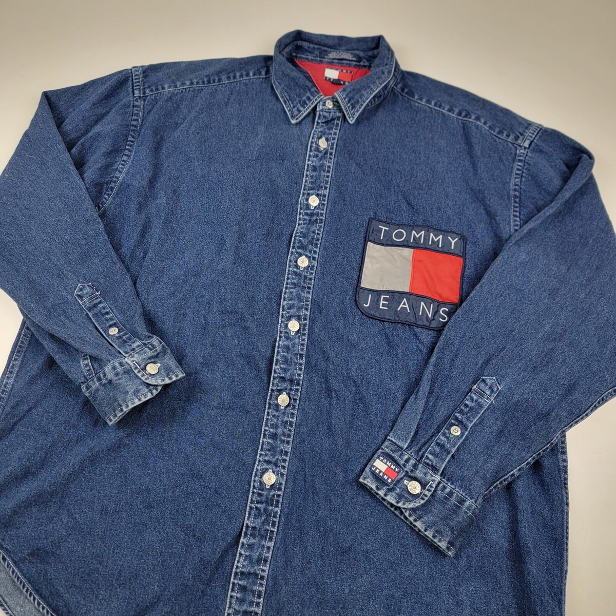 Vtg Tommy Hilfiger Denim Big Logo Flag Denim Button Up Shirt Vtg Tommy Hilfiger Denim Big Logo Flag Denim Button Up Shirt