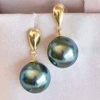 Stunning AAA+ 10-11mm Real natural Tahitian black round pearl earrings 18k Gold