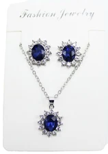 New Simulated Sapphire & Rhinestone Royal Princess Necklace Earring Set #46