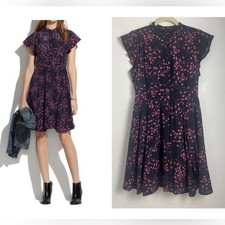 Madewell Women's Size 4 Night Orchid 100 Silk Dress Dark Navy Pink Floral