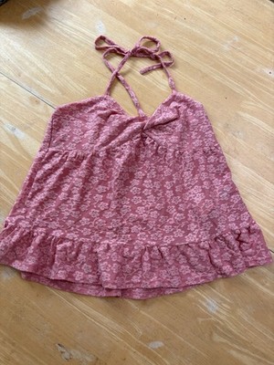 H&M Women's Pink Floral Lace Halter V-Neck Ruffle Stretch Cami Top Size M