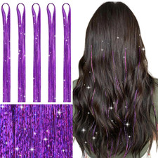 Hair Tinsel for Girls, Purple Fairy Kit 1200 Strands 6 Pieces 48 Inch Heat