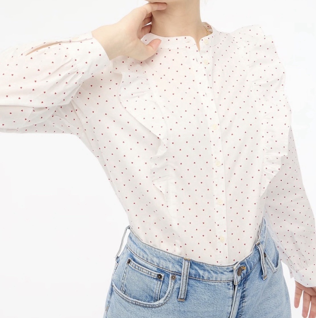 NWT J. Crew Heart Print Ruffled Button Down Shirt, Size M