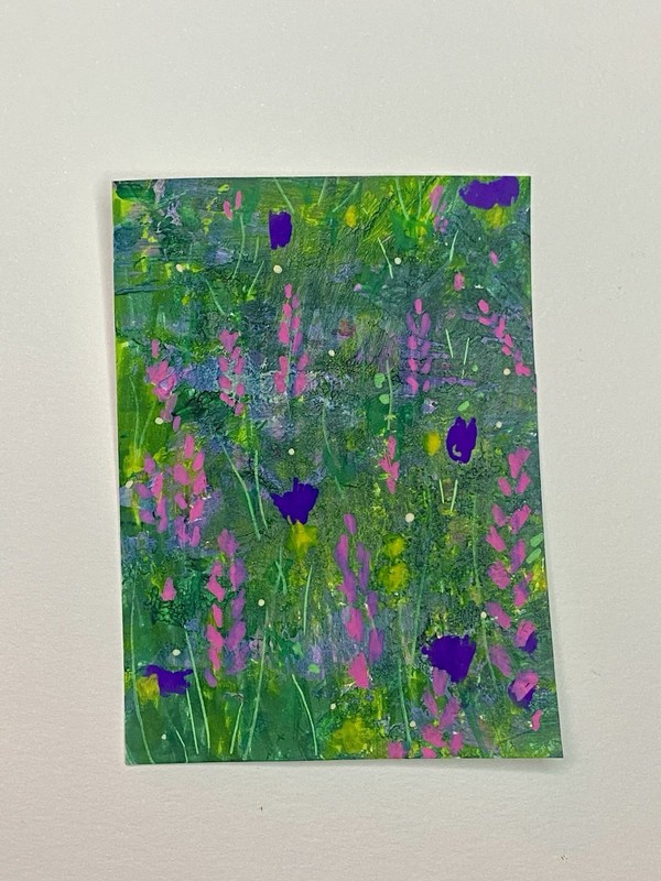 ACEO Original Mixed Media Abstract Whimsical Flower Garden Painting 2.5x3.5
