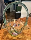 Vintage Fenton Green Art Glass Basket Hand Painted Pink Flowers By D Anderson