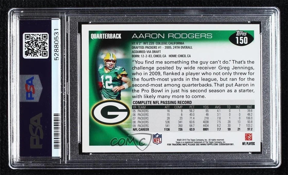 2010 Topps Aaron Rodgers #150 PSA 9 MINT - Image 2 of 2