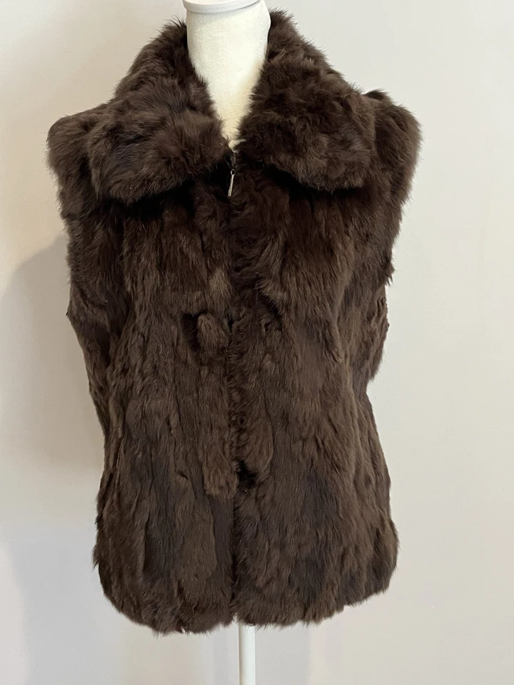 Chaleco de piel de conejo vintage marrón mediano para mujer años 90 cremallera Nine West Foto 4 de 4