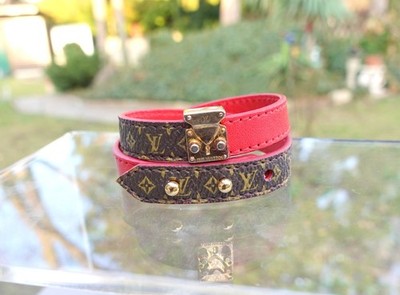 LOUIS VUITTON BRACELET logo monogram lv leather canvas collar double wrap red