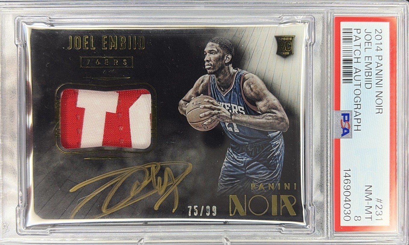 2014-15 Joel Embiid Panini Noir - Rookie Patch Auto Gold Ink RPA RC ON CARD /99