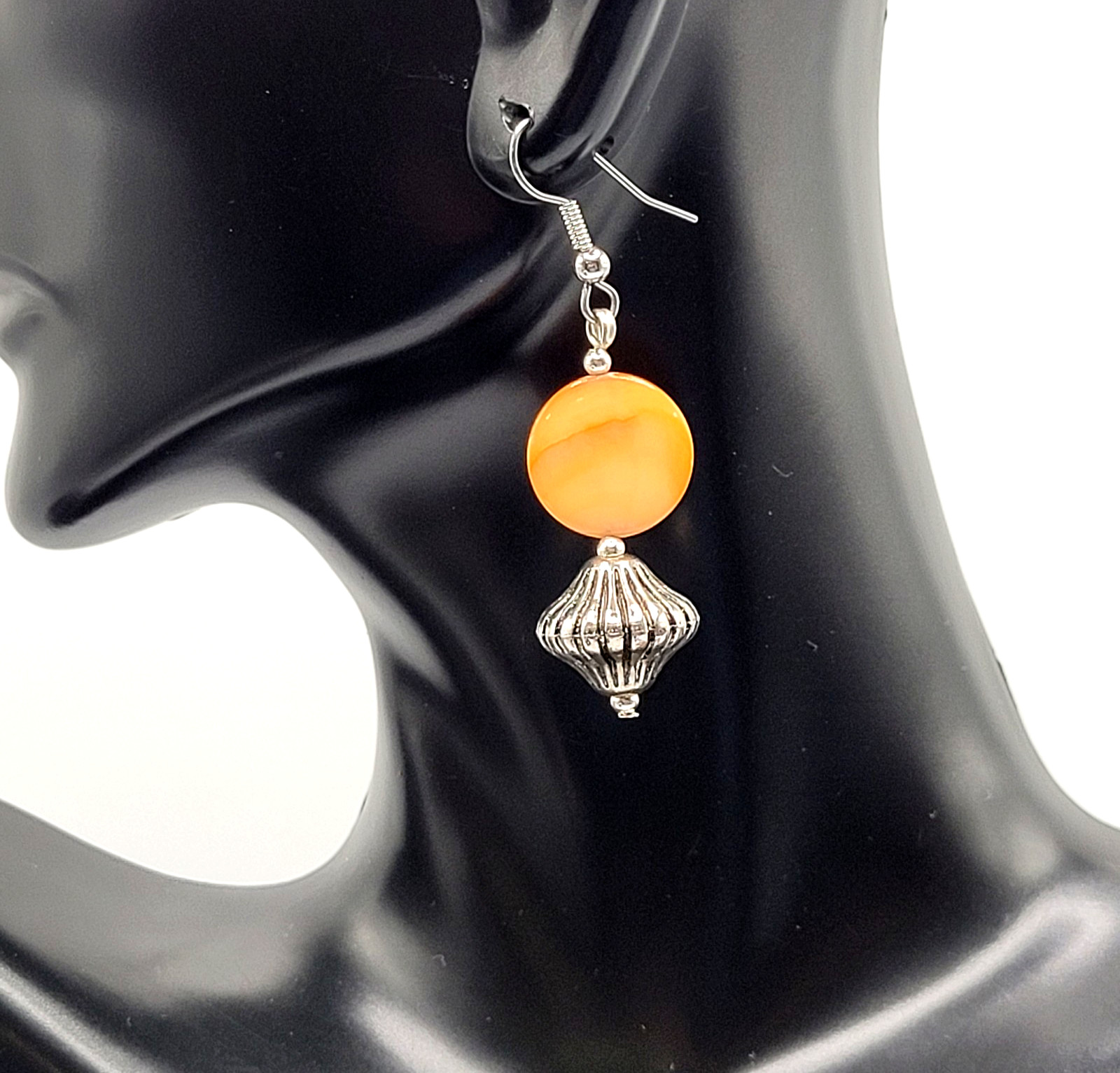 Orange Abalone Shell MOP Round Disc Silver Tone S… - image 1