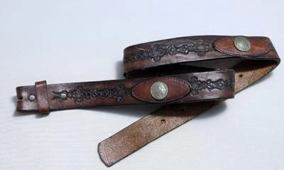vintage TOOLED buckle belt 30 leather INDIAN HEAD buffalo nickel WESTERN cowhide - Image 1 of 4