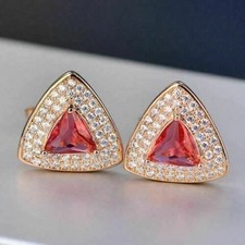 Women Stud Earring 2Ct Trillion Cut Lab Created Red Ruby 14K Yellow Gold Plated
