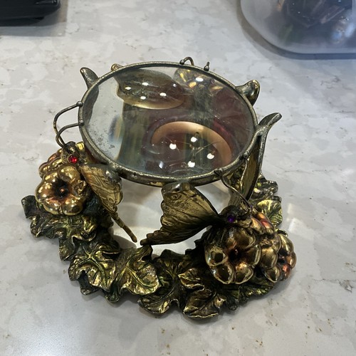 Vintage Decorative Magnifying Glass With Butterfly& Flowers Details Metal Base