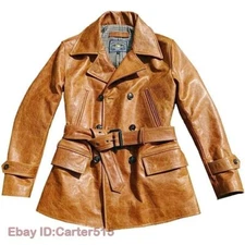 Men Vintage Style Double Breasted Retro Belted Pea Coat Horsehide Leather Jacket