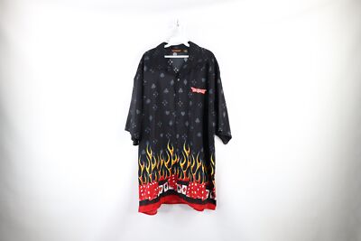 Vintage 90s Streetwear Mens 3XL Las Vegas Fire Flames Poker Gambler Button Shirt