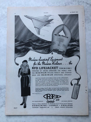 1953 Flugzeugwerbung RFD COMPANY LIFEJACKET ÜBERLEBENSAUSRÜSTUNG MODERNES FLUGZEUG