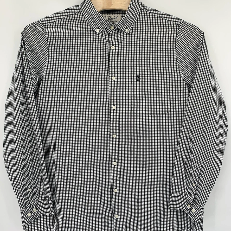 Camisa de algodón XLT a cuadros negra blanca con botones manga larga Penguin para hombre Foto 2 de 4