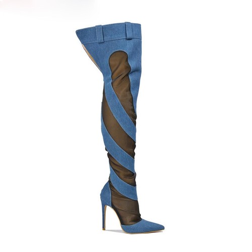 Cape Robbin Mesh Denim Thigh High Boots Women Over Knee Blue Thigh High Boots - Picture 5 of 6
