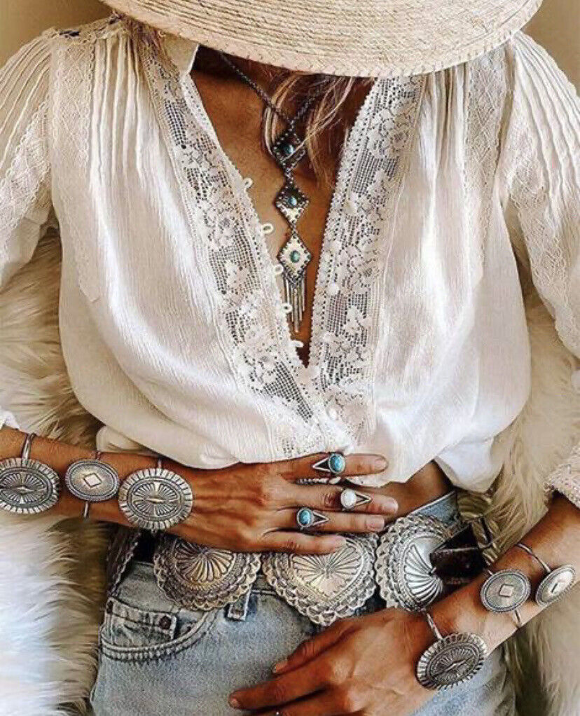 M New White Lace Long Sleeve Gypsy Boho Blouse Vtg 70s Insp Top Womens  MEDIUM