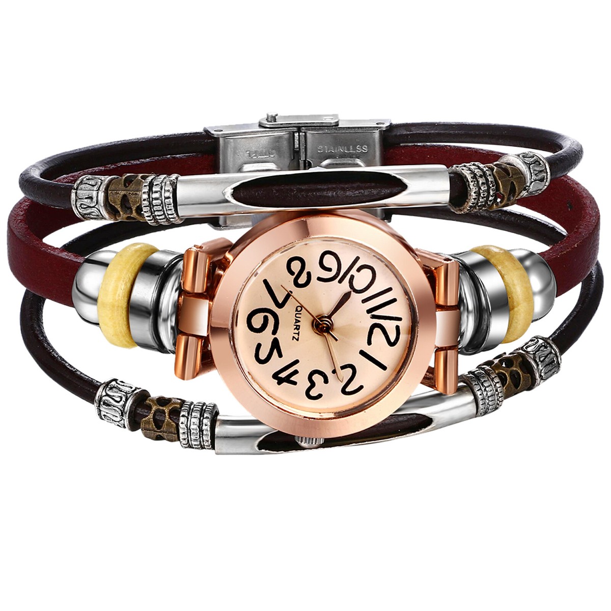 Vintage Retro Multi-layer Leather Boho Quartz Bracelet Wrist 
