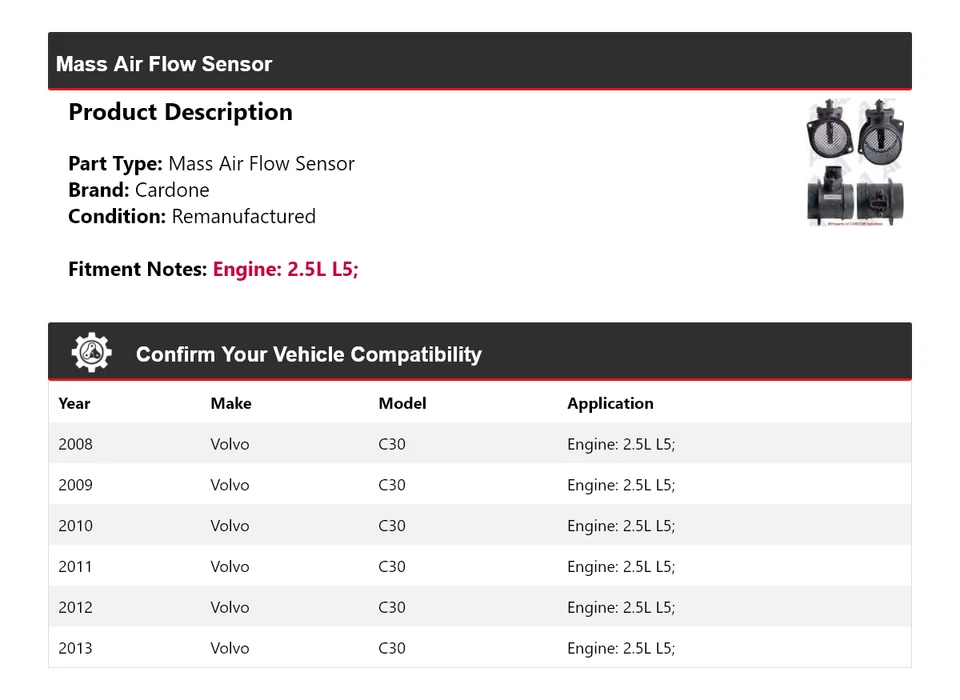 Sensor de flujo de aire másico Cardone 2009 2010 2011 2012 para Volvo C30 2008-2013 2,5 L L5 Foto 2 de 4