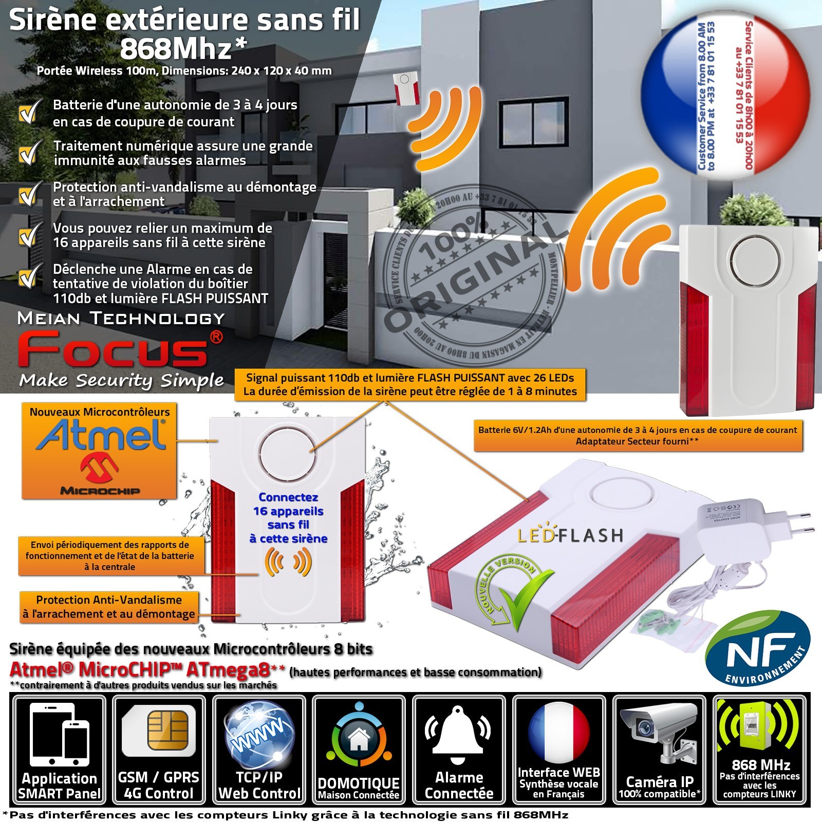 Sirène extérieure puissante MD-334 sans fil pour maison et jardin