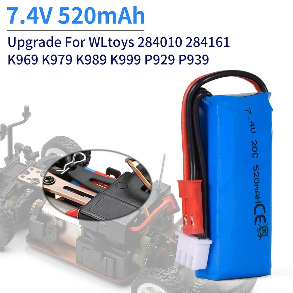 2x WLtoys 7.4V 520mAh 20C Battery for K979 K989 K999 P929 284010 284161 RC Cars - Image 2 of 4