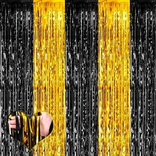 4 Pack 3.2Ft x 6.6Ft Black and Gold Fringe Curtain Backdrop Metallic Tinsel F...