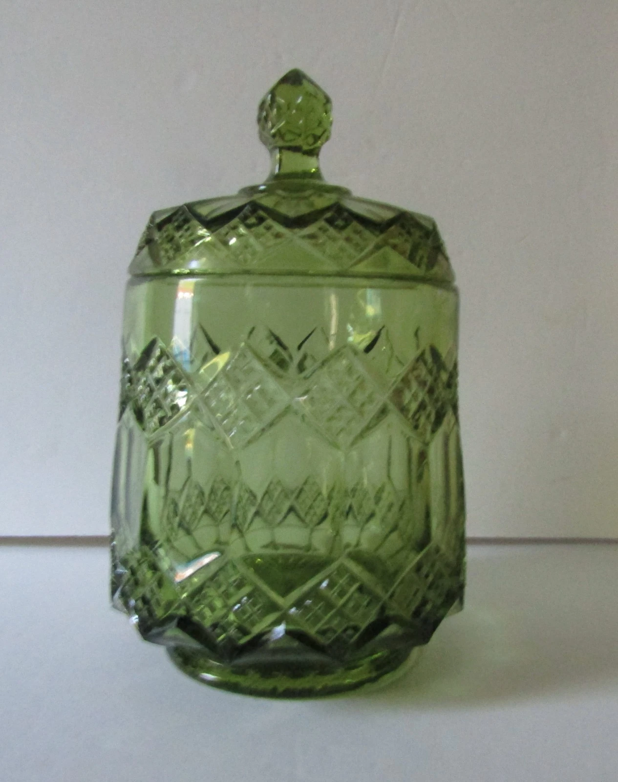 Imperial Glass 1960 Green Verde Three in One Diamond & Panel Lidded Jar Canister