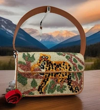 AUTH NWT Staud Tommy Leopard Glass Bead Shoulder Bag in Jungle Leopard