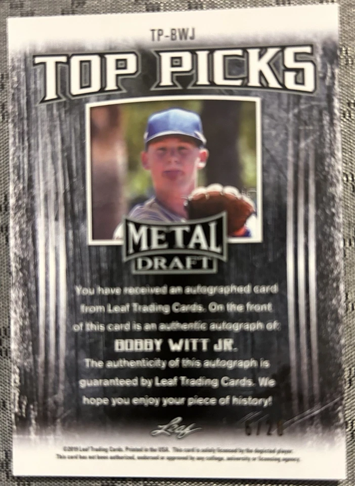 2019 Leaf Metal Draft Bobby Witt Jr. Top Picks RC AUTO Pink 6/20 ROOKIE Royals - Image 2 of 3