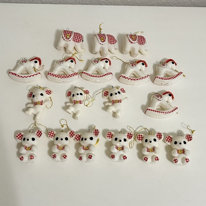 Vintage White Flocked Christmas Ornamants Japan Red Gingham Bear Mouse Elephant