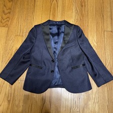 Custom Made Tuxedo Jacket Boys Size 4 Jacquered Satin Dark Blue Formal Wedding