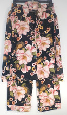 ROOM SERVICE Pink Black FLORAL Pajama Set 2pc Shawl Collar Womens SMALL EUC
