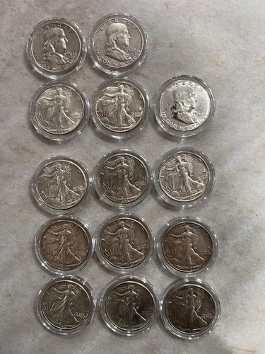 Lot of 14 AU Walking Liberty and Franklin Half Dollars 90% Silver