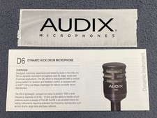 Audix D6 Dynamic Microphone Spec Sheet w/ Sticker