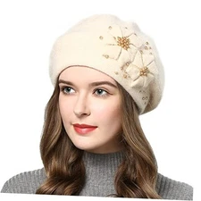 Women Winter Knit Beret Hat Rabbit Hair French Style Beret Classic 0-1 Beige