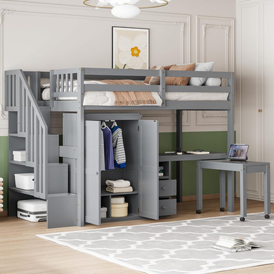 Twin Loft Bed with Desk, Wardrobe & Drawers - Gray, No Box Spring Needed