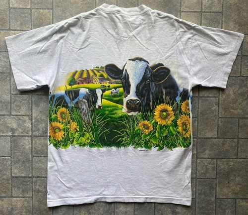 T-shirt vintage Signal sport punto singolo uomo grande habitat mucche fattoria grigio AOP - Foto 14 di 18