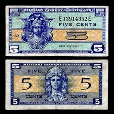 US MPC Military Payment Certificate 5 Cents Series 521 Banknote War Paper Money