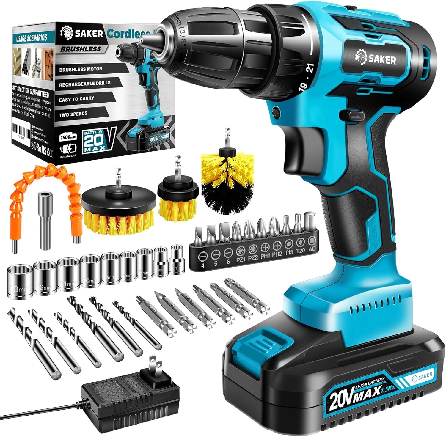 Cordless Drill Set, Brushless 20V Electric Drill with Drill Bits, 3/8-Inch Chuck