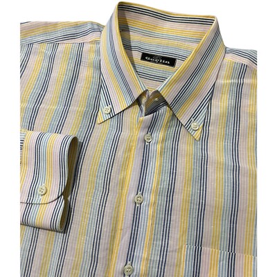 GERLIN Dress Shirt Pink Yellow Blue Stiped Made in Italy Linen Cotton Size 2XL
