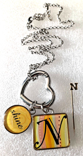 Initial N Necklace "N" Initial Shine Charm Necklace Free Bonus "N" Stick Pin
