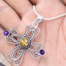 Citrine Topaz, Amethyst Gemstone Pendant 925 Sterling Silver Cross Necklace-QA51